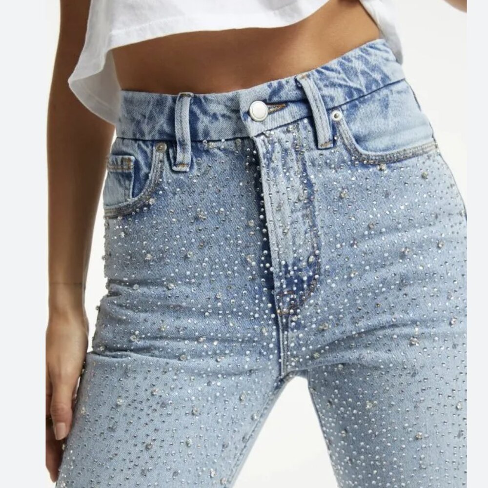 GOOD AMERICAN Good Icon Embellished High Rise Straight Leg Jeans